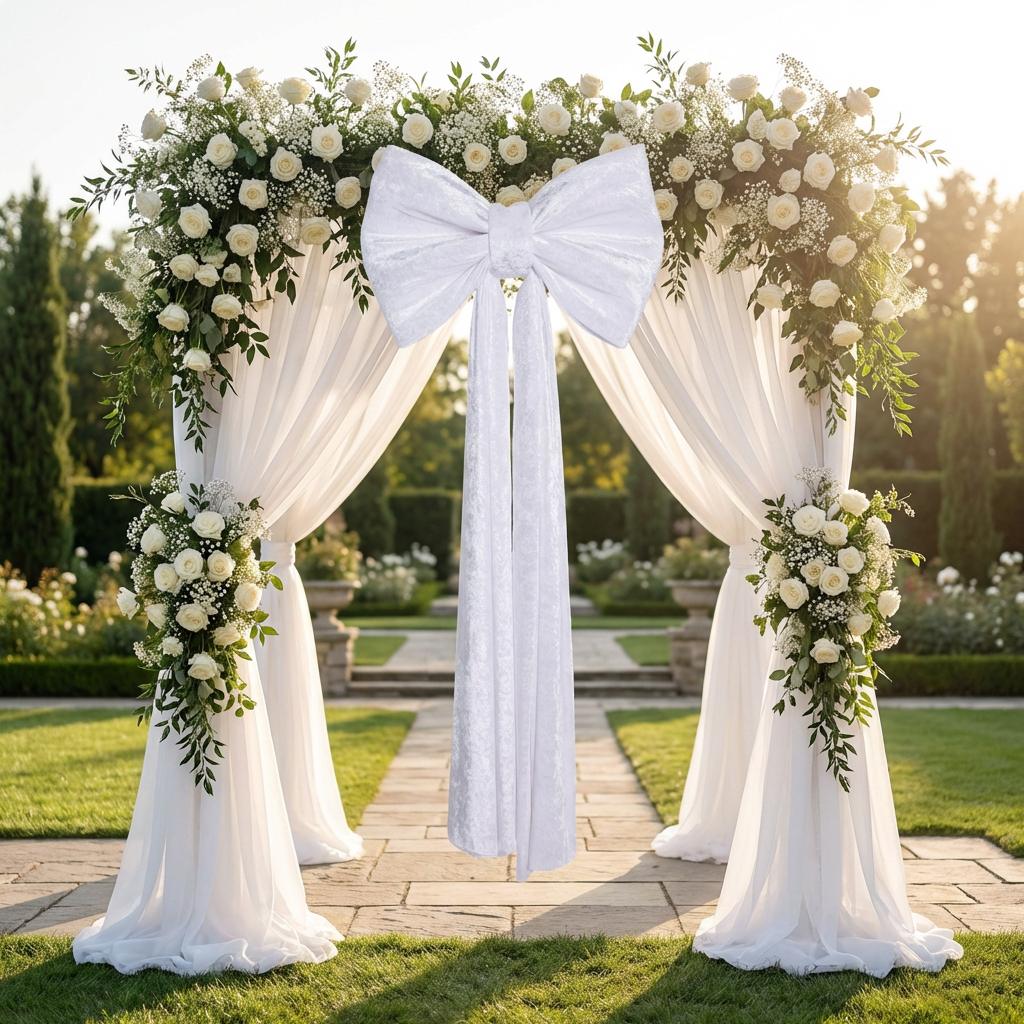 Velvet Giant Fabric Bow for Backdrop White outdoor on an arch with sheer white drapes and white roses and greenery