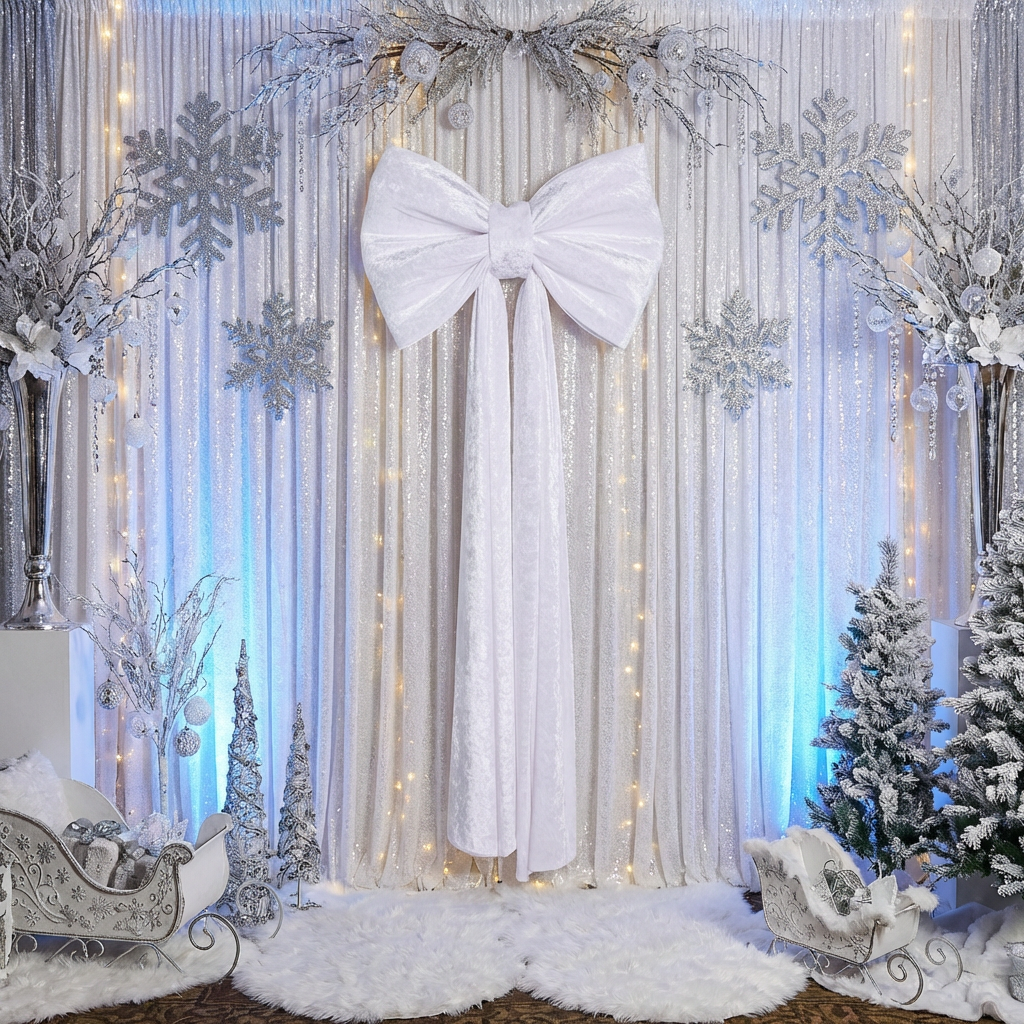 Velvet Giant Fabric Bow for Backdrop White for a winter wonderland backdrop 