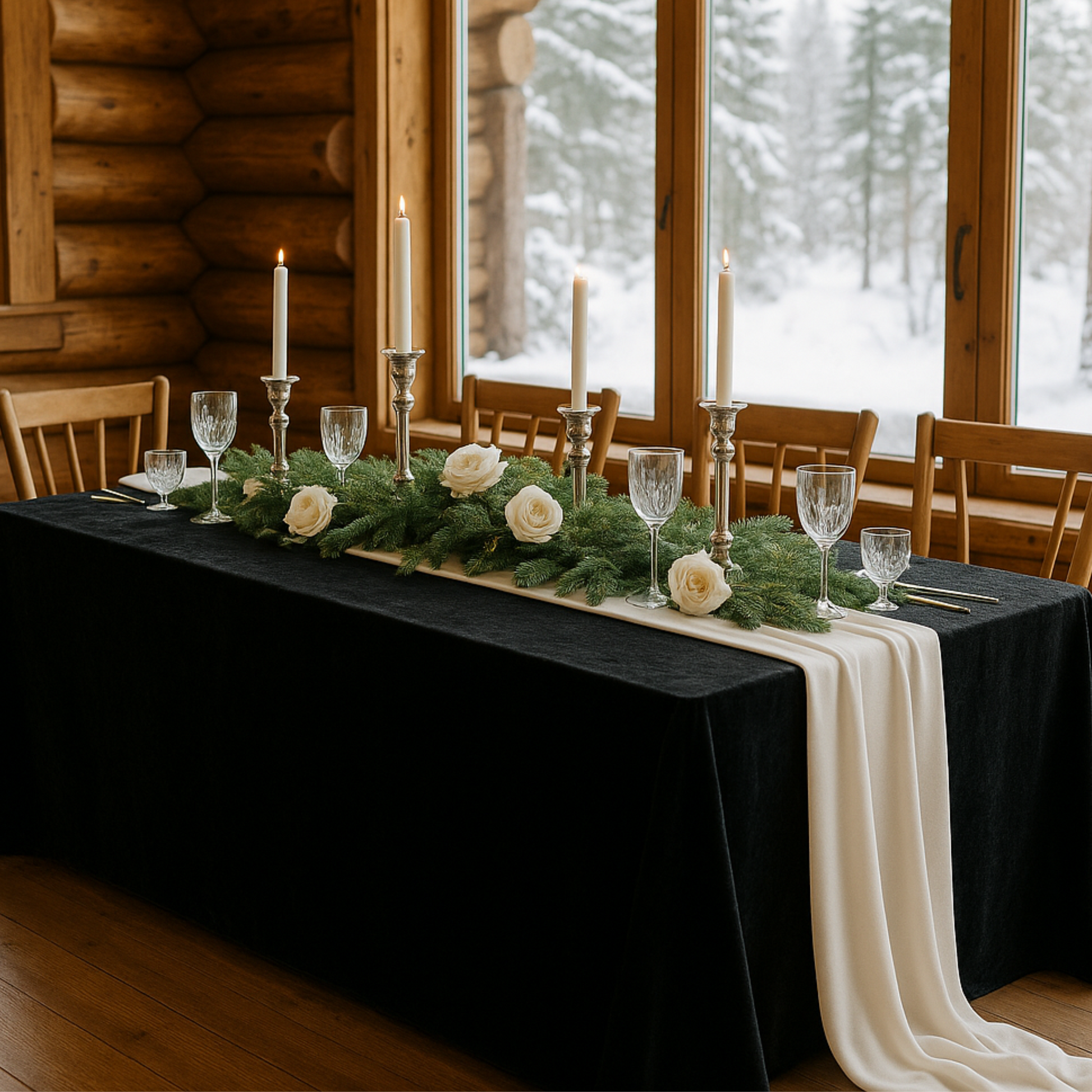 decorative tablescape of Velvet King 108"x156" Rectangular Tablecloth - Black setup with flowers, Christmas greenery, a cocktail glass, and tapered candles.