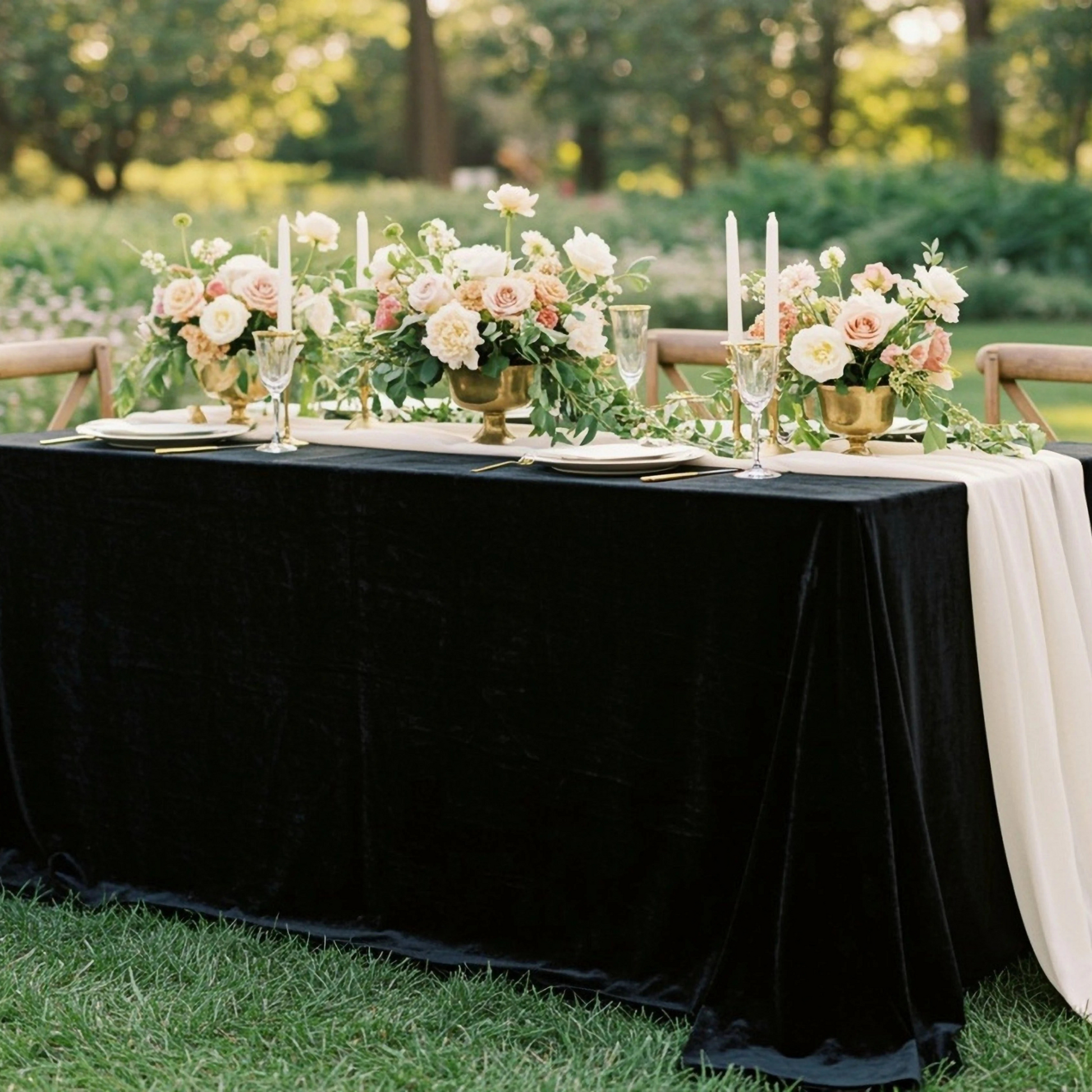 decorative outdoor tablescape of Velvet King 108"x156" Rectangular Tablecloth - Black setup with flowers, tapered candles, a cocktail glass, and chiffon table runner