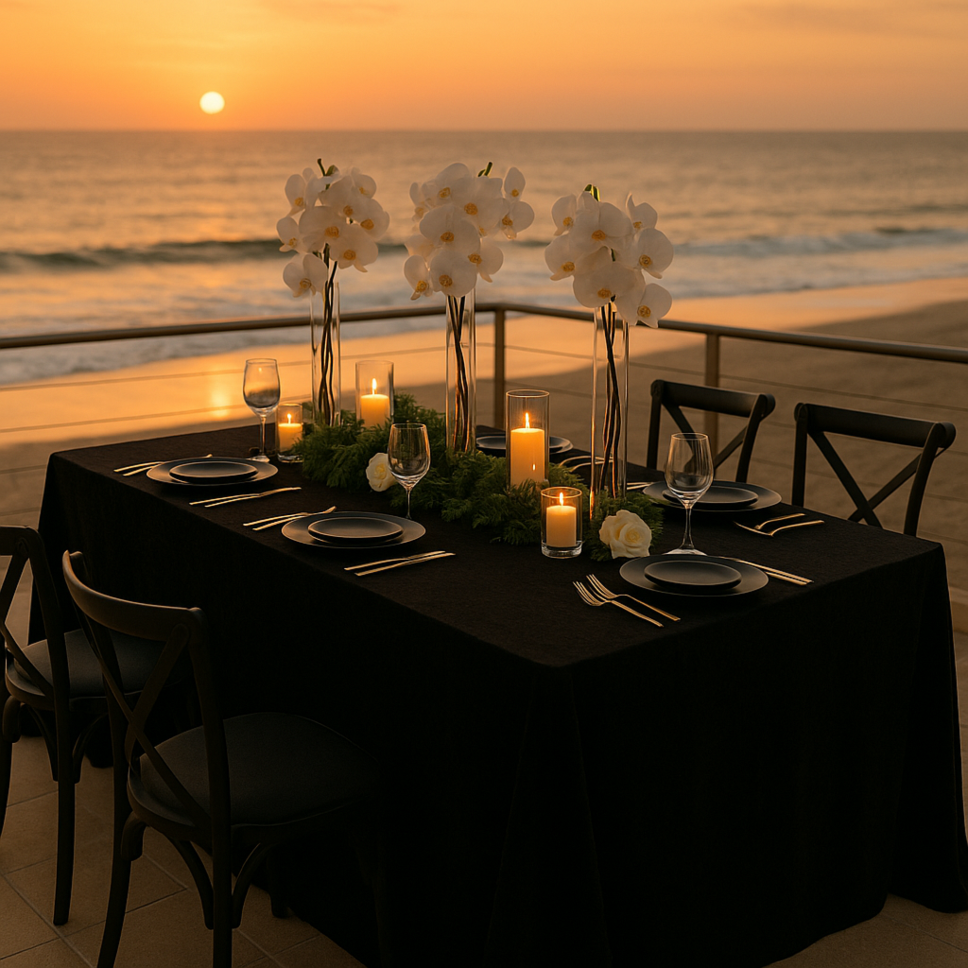 decorative sunset tablescape of Velvet King 108"x156" Rectangular Tablecloth - Black setup with tall flowers, greenery, candles, and wine glass.