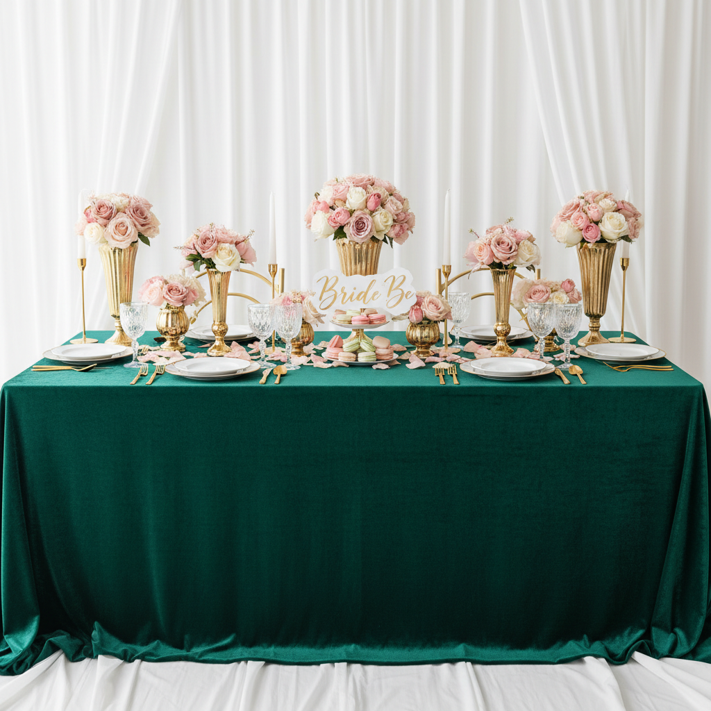 Velvet King 108"x156" Rectangular Tablecloth Emerald Green bridal shower table setting