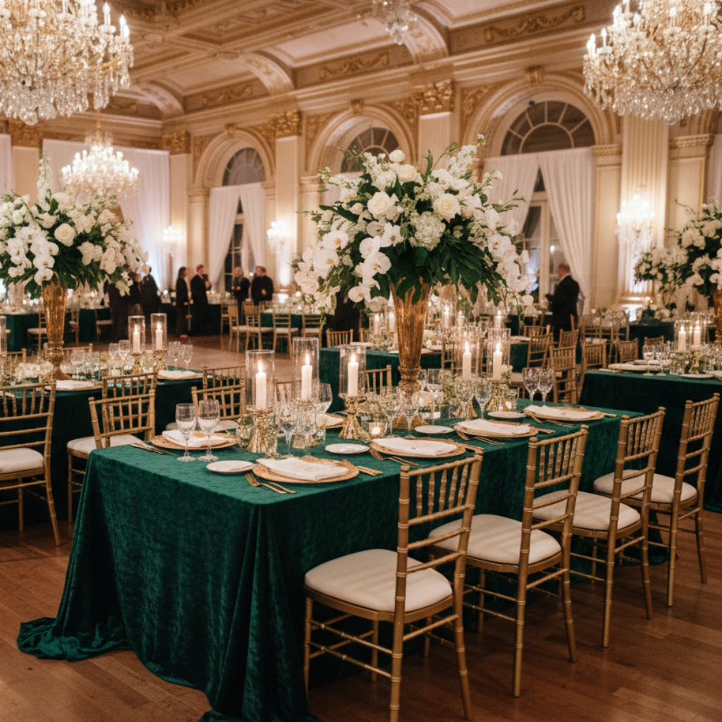 Elegant Ballroom Wedding with Velvet King 108"x156" Rectangular Tablecloth Emerald Green and Gold Chairs