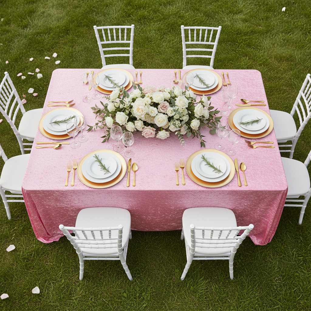 Bird's Eye View of the Velvet King 108"x156" Rectangular Tablelcoth Pink 