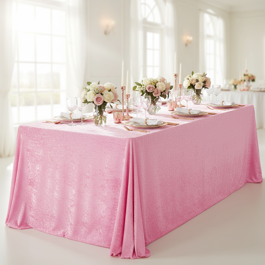 Romantic Wedding Table Setting with Pink Velvet King 108"x156" Rectangular  Tablecloth