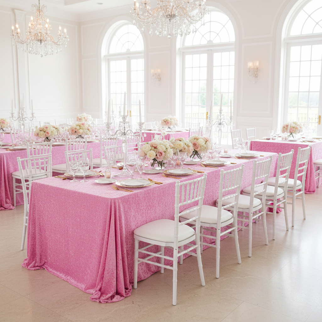 Wedding Hall Reception with Pink Velvet  King 108"x156" Rectangular Tablecloths