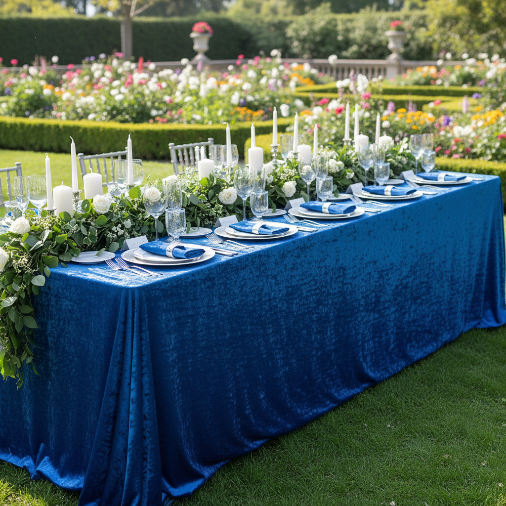 Royal Blue Velvet Rectangular Tablecloth - Outdoor Garden reception