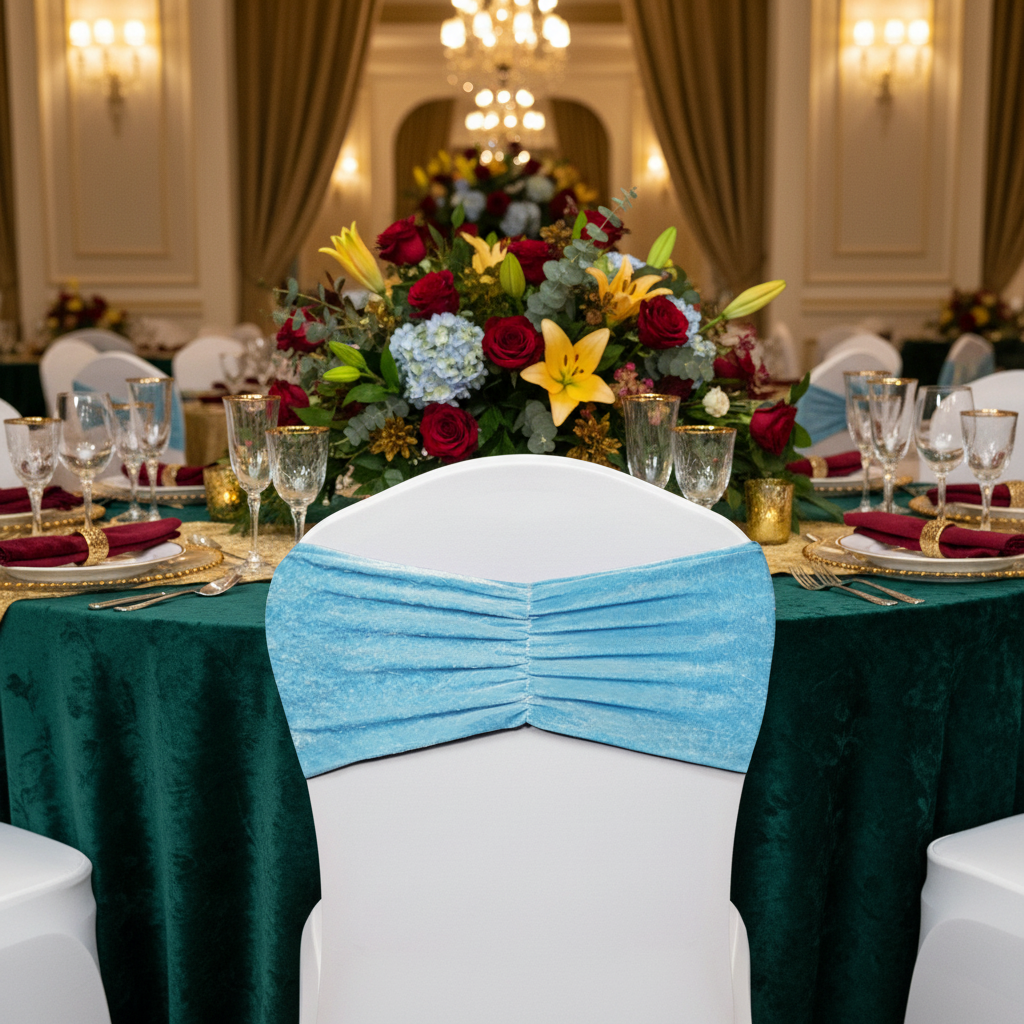 Velvet Ruffle Stretch Chair Band - Baby Blue