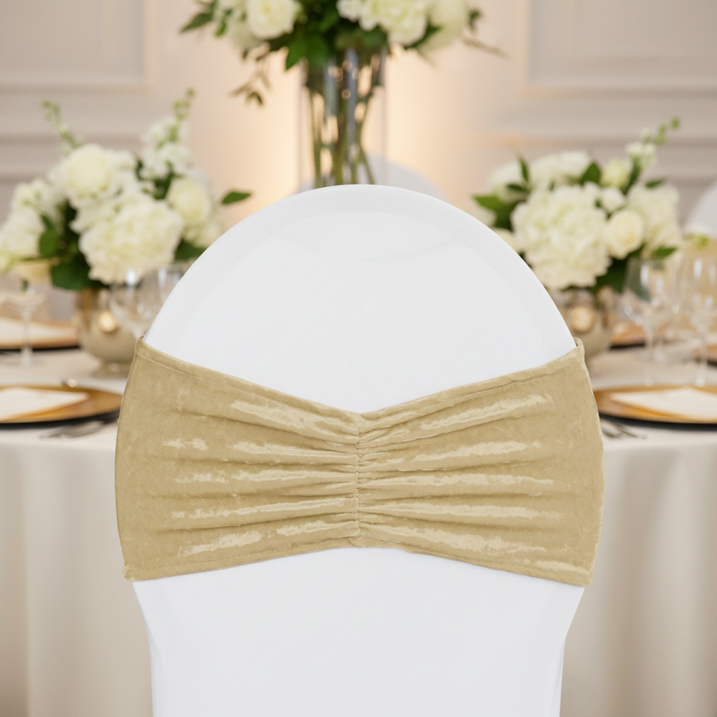 Velvet Ruffle Stretch Chair Band - Champagne close up detail 
