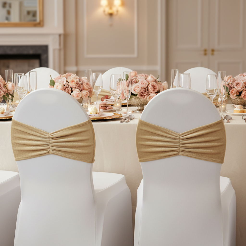 Velvet Ruffle Stretch Chair Band - Champagne detail