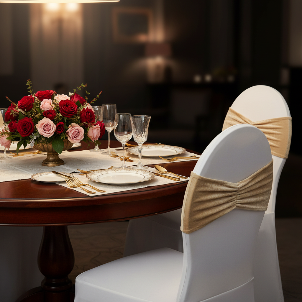 Velvet Ruffle Stretch Chair Band - Champagne side view on banquet chair