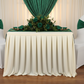 anniversary dinner setup with Velvet Ruffle Stretch Chair Band - Emerald Green and ivory tableskirt 