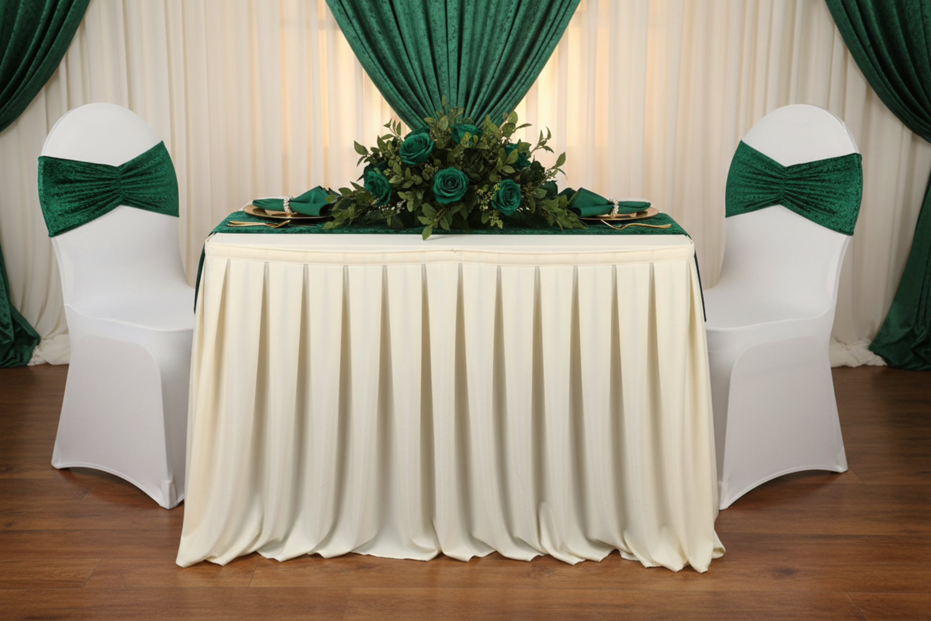 anniversary dinner setup with Velvet Ruffle Stretch Chair Band - Emerald Green and ivory tableskirt 