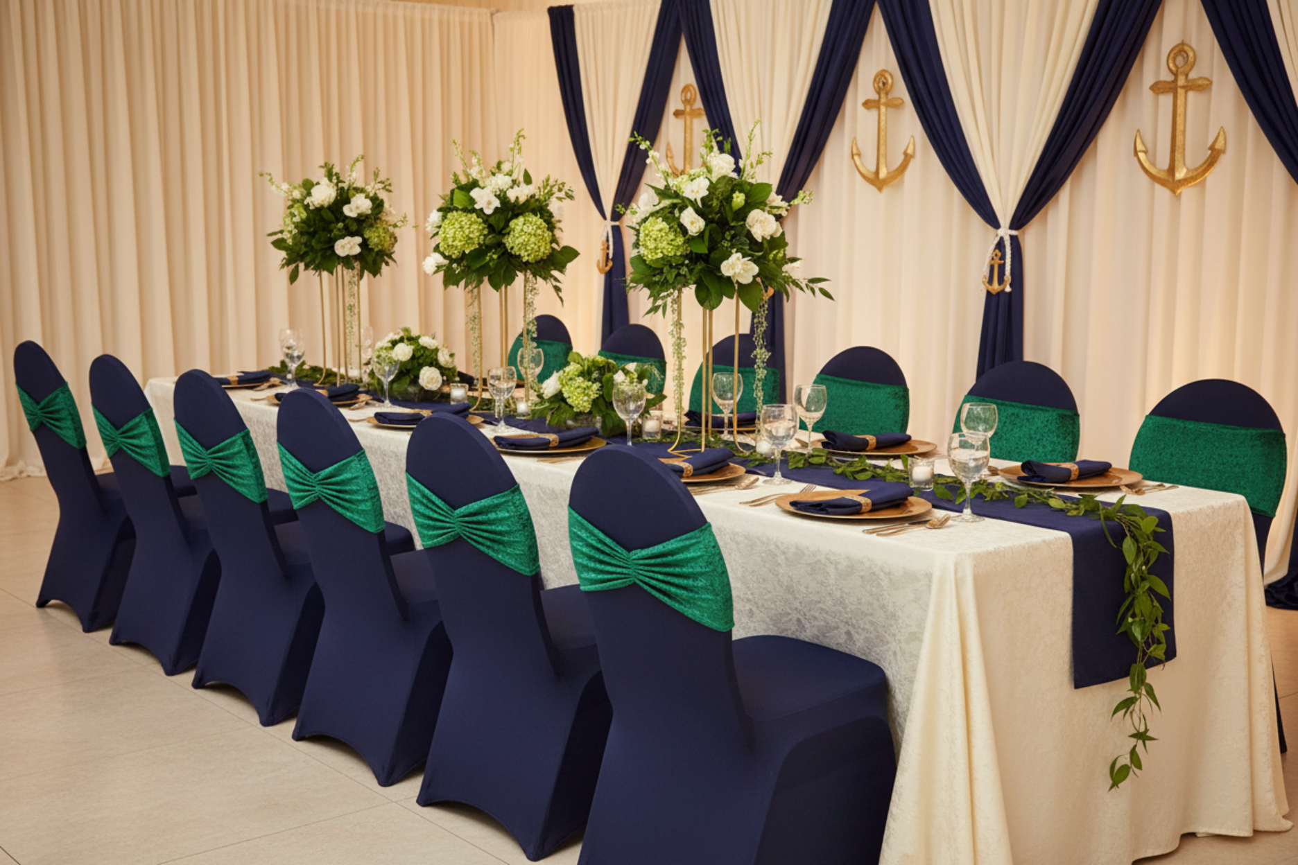 elegant indoor dinner with Velvet Ruffle Stretch Chair Band - Emerald Green on top of navy blue chair cover
