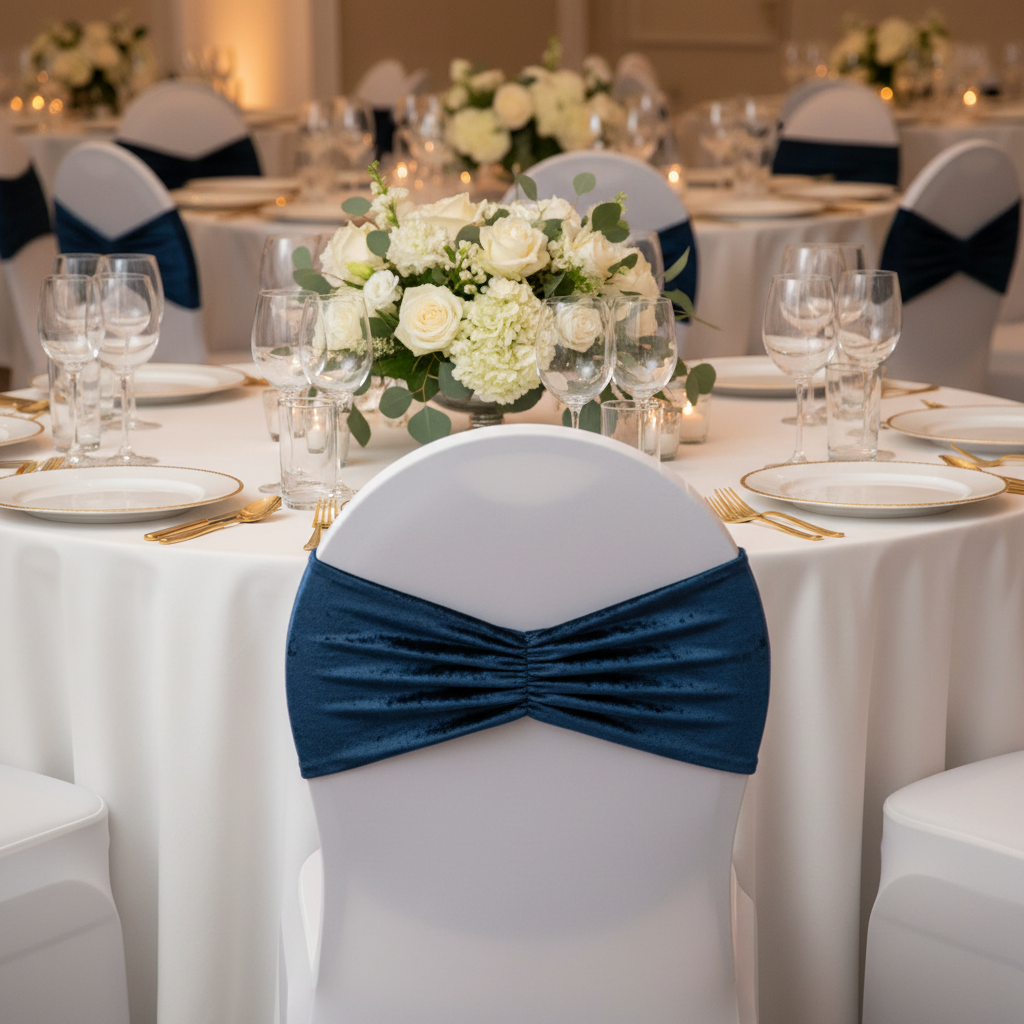 Velvet Ruffle Stretch Chair Band - Navy Blue on white spandex chair cover | with white tablecloth | white dinner plate | wine goblets | flower centerpiece