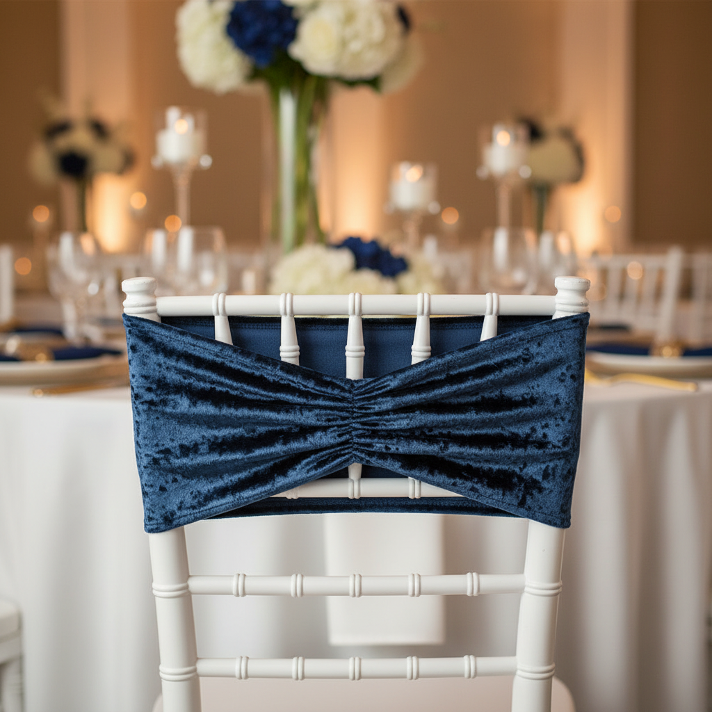 Velvet Ruffle Stretch Chair Band - Navy Blue on white chair | white tablecloth | wine goblets | flower centerpiece