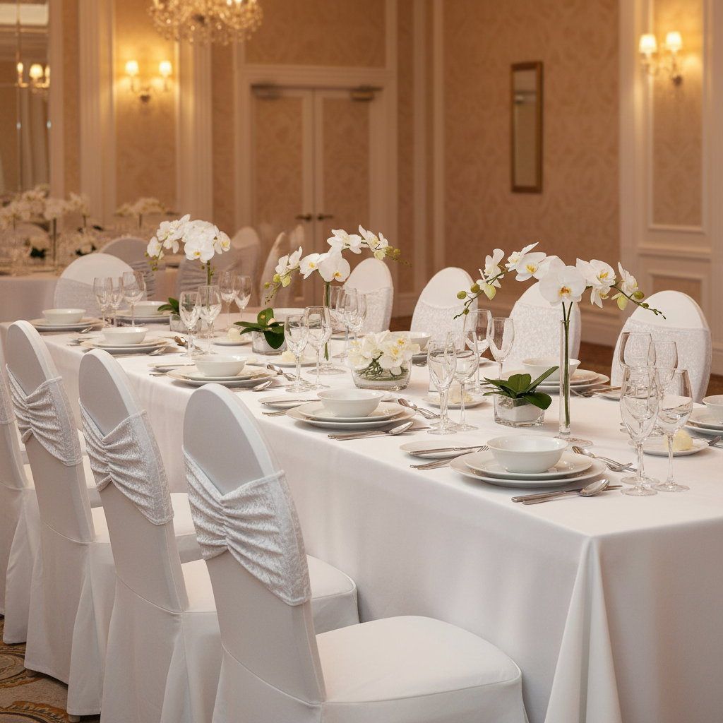 Velvet Ruffle Stretch Chair Band - White | chair cover | tablecloth | charger plate | wine goblet |