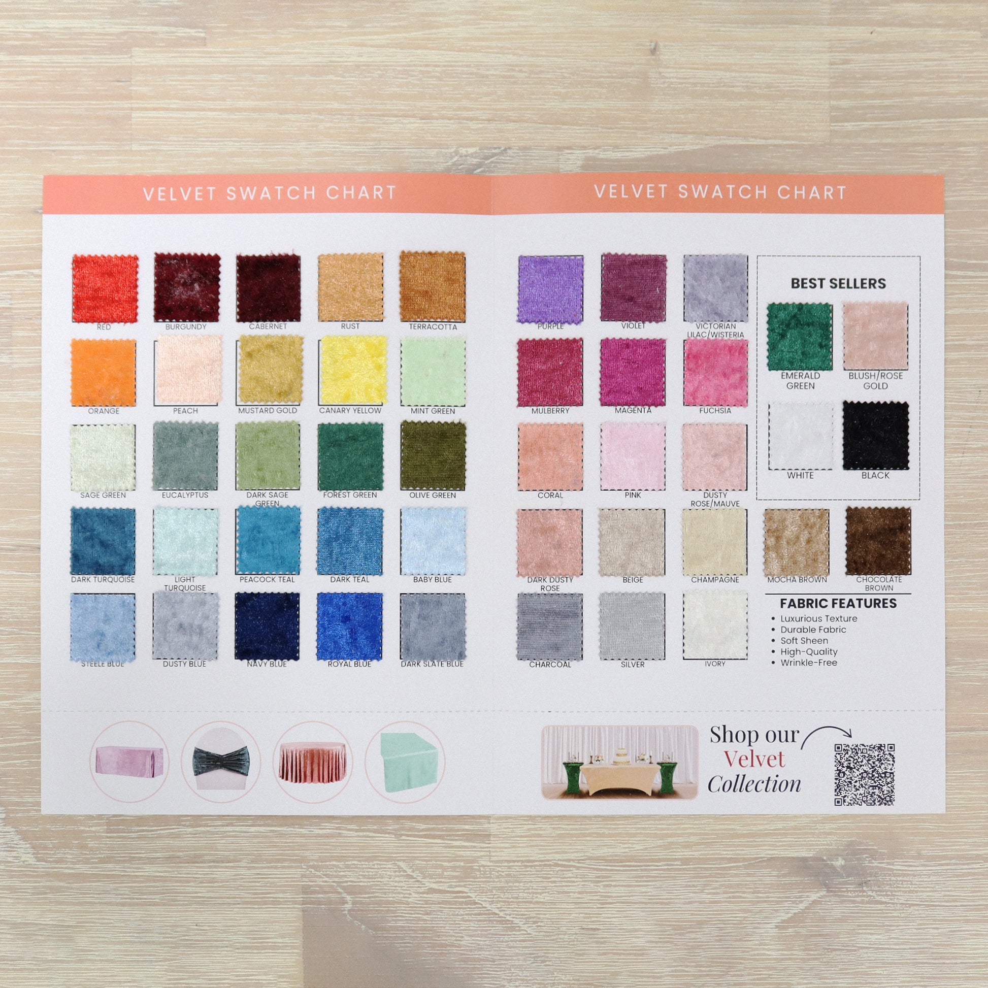 Velvet Swatch Chart opened with full view of all swatch colors in velvet material