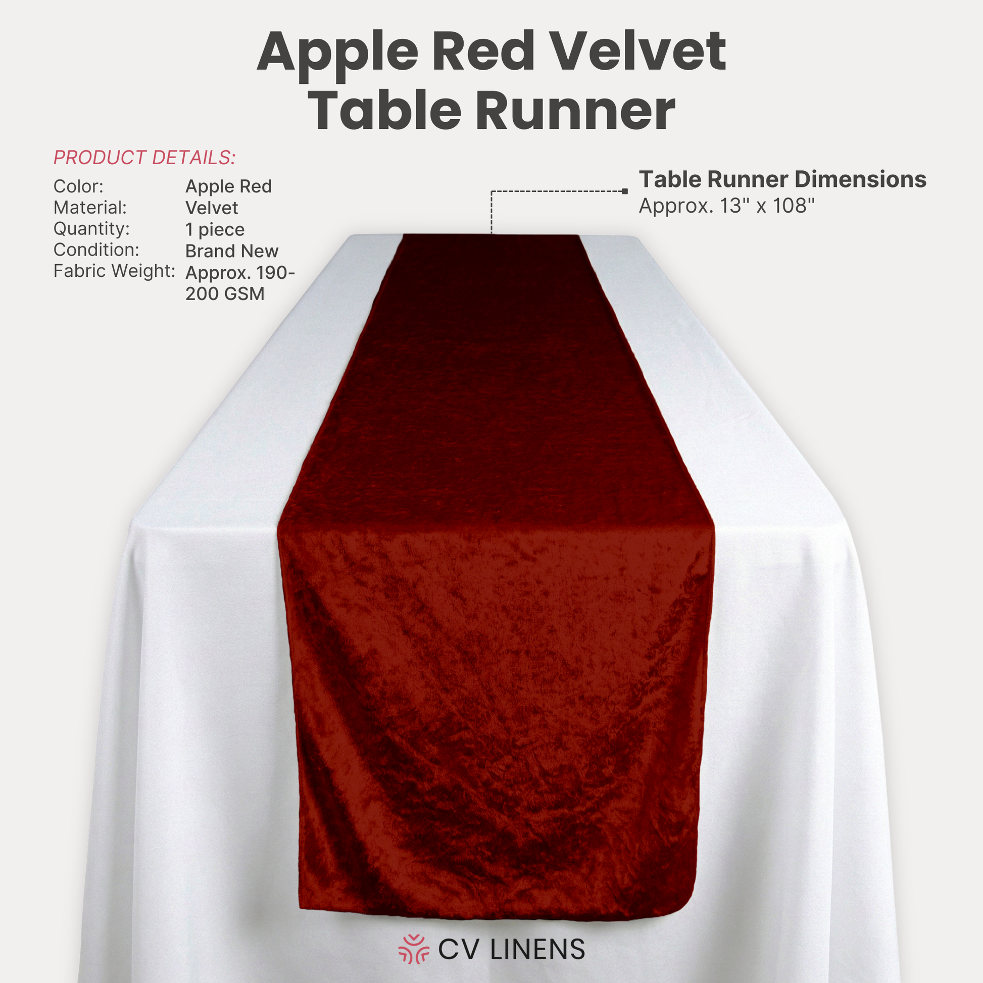 Velvet Table Runner Apple Red infographic showing product details