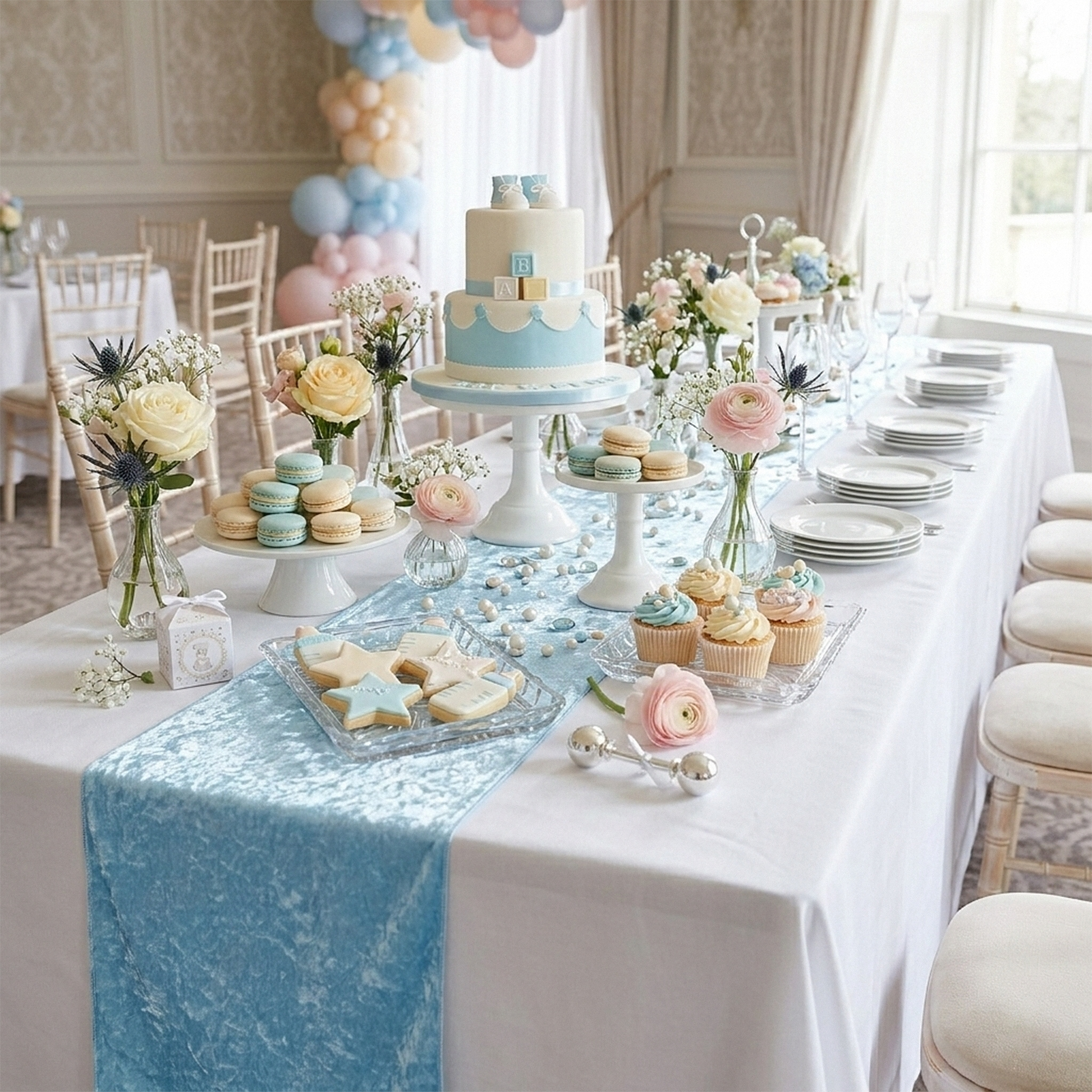 baby boy shower using the Velvet Table Runner Baby Blue with a white tablecloth, chiavari chairs, cakes, desserts and floral centerpieces