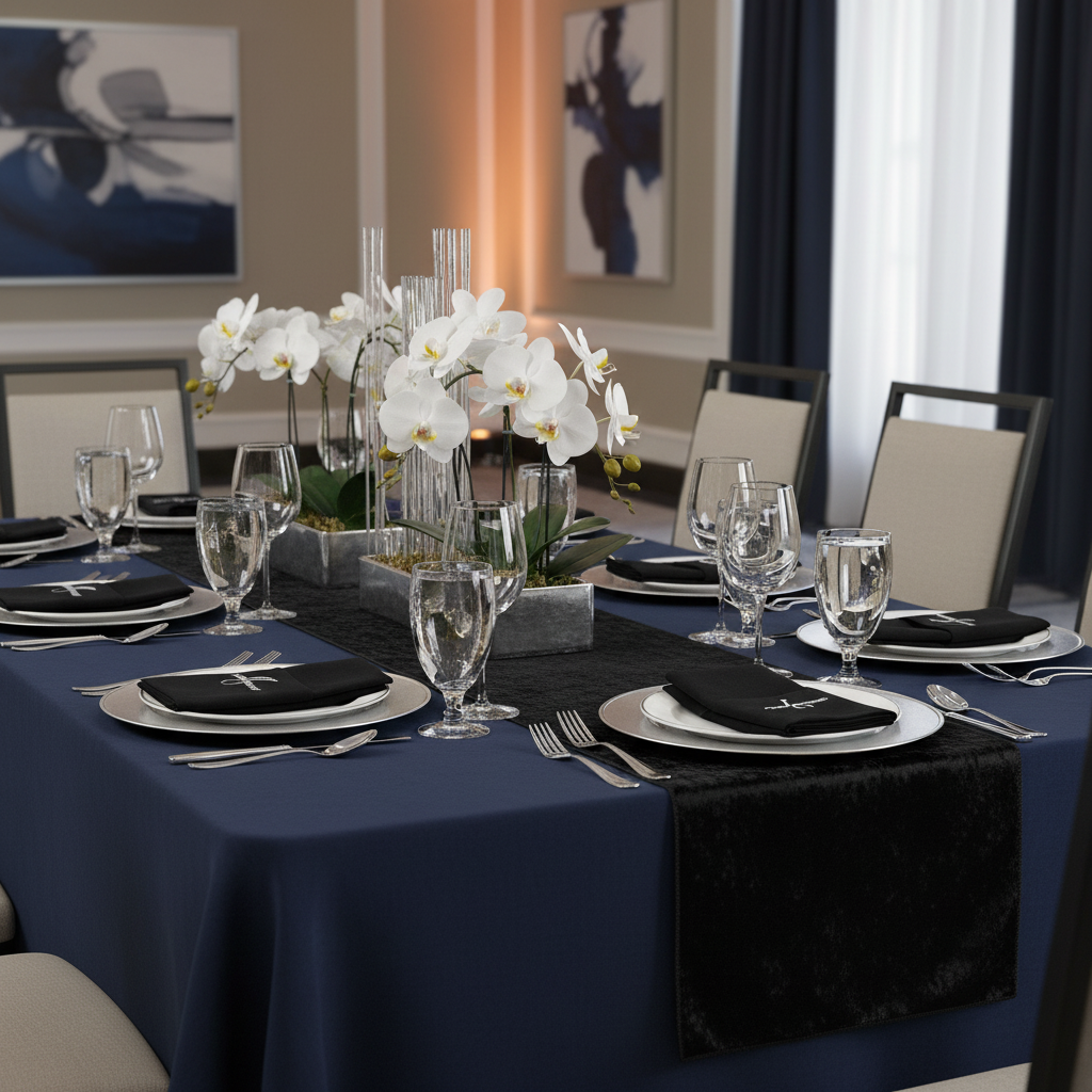 Velvet Table Runner - Black | napkin | charger plate | wine goblets |