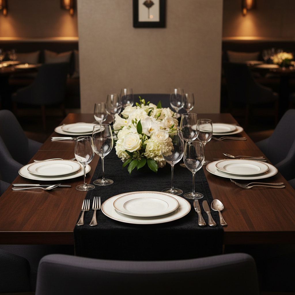 Velvet Table Runner - Black | napkin | charger plate | wine goblets |