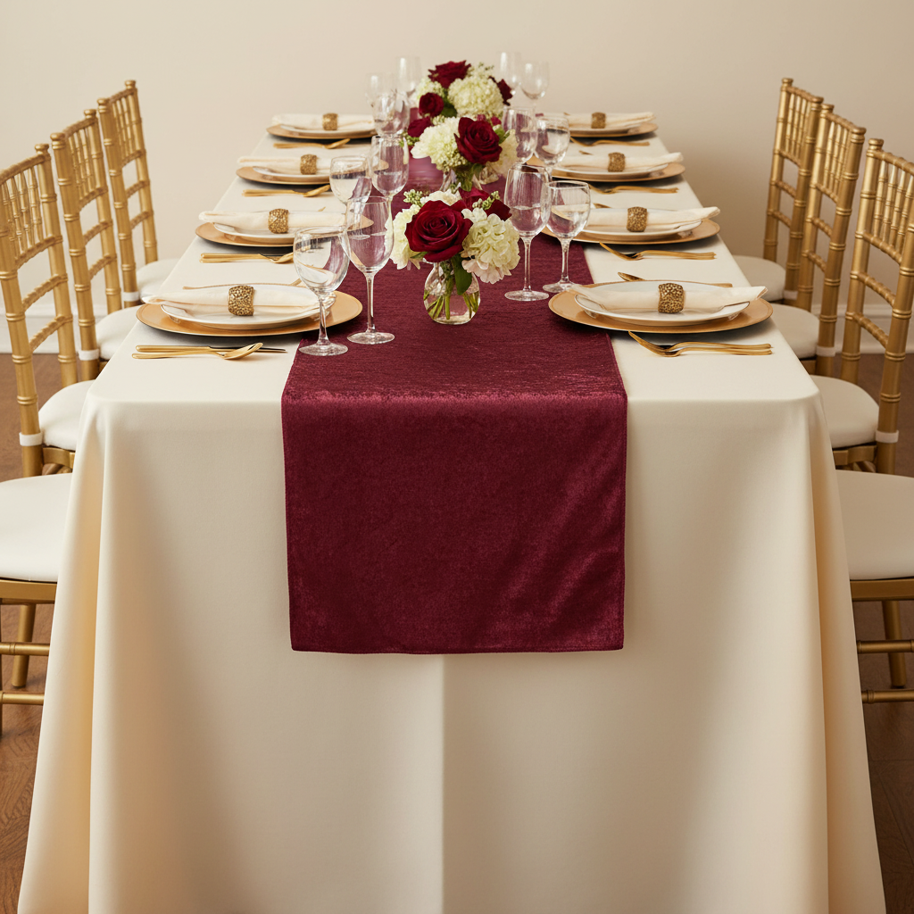 Velvet Table Runner - Burgundy on top of ivory tablecloth | gold charger plate | white napkin | flower centerpiece | gold chiavari chair