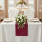 Velvet Table Runner - Burgundy on top of white tablecloth | gold charger plate | white napkin | flower premade runner