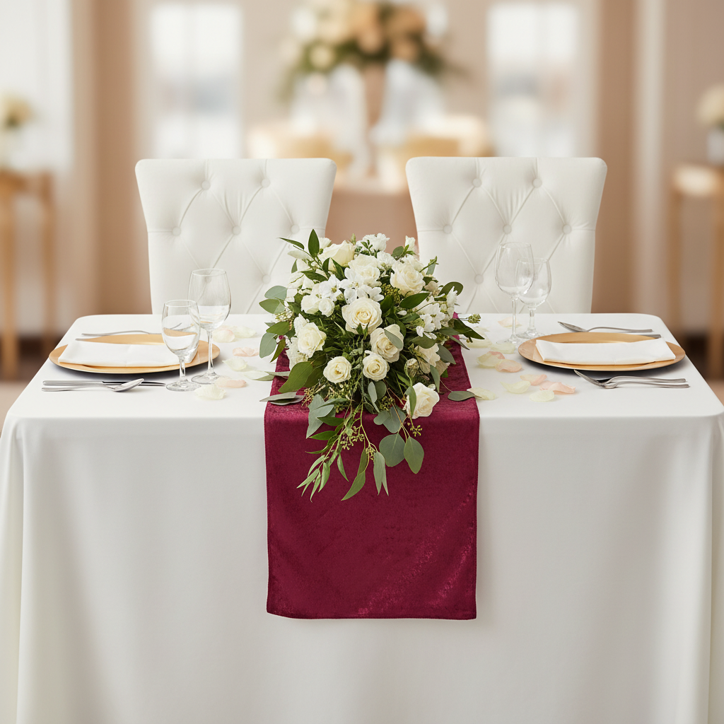 Velvet Table Runner - Burgundy on top of white tablecloth | gold charger plate | white napkin | flower premade runner