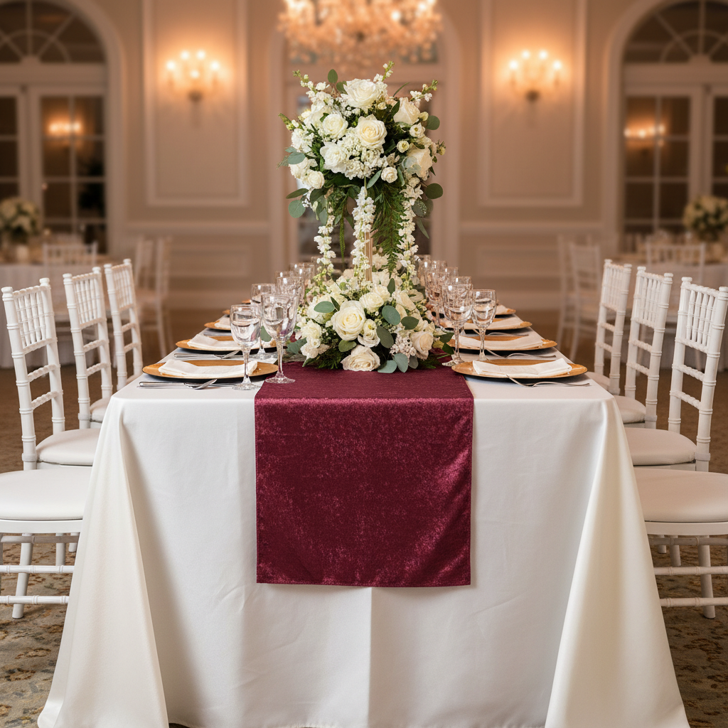 Velvet Table Runner - Burgundy on top of white tablecloth | gold charger plate | white napkin | flower centerpiece | white chiavari chair