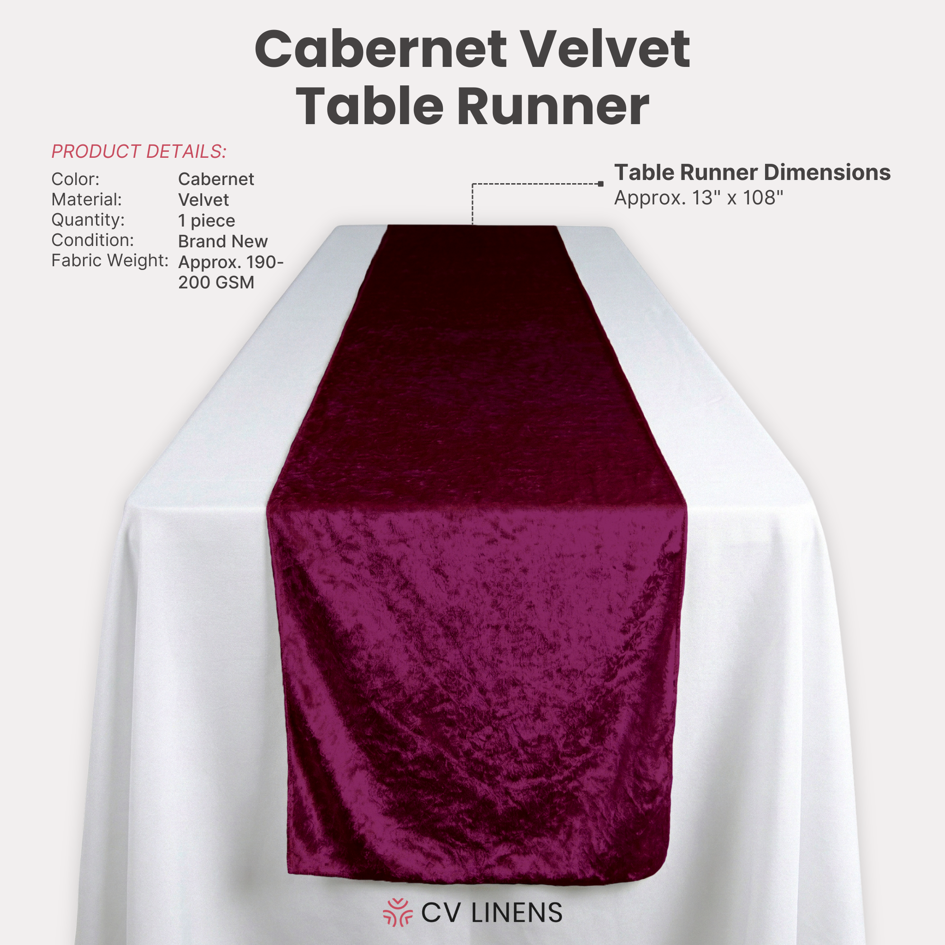 Velvet Table Runner Cabernet infographic showing product details