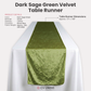 Velvet Table Runner Dark Sage Green infographic showing product details