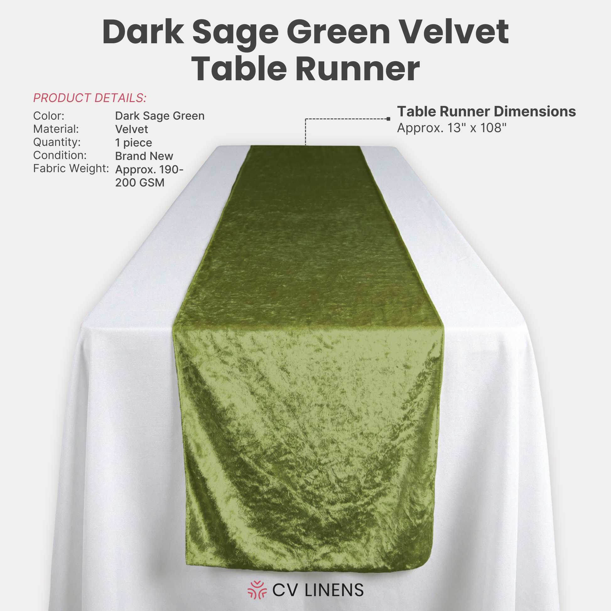 Velvet Table Runner Dark Sage Green infographic showing product details