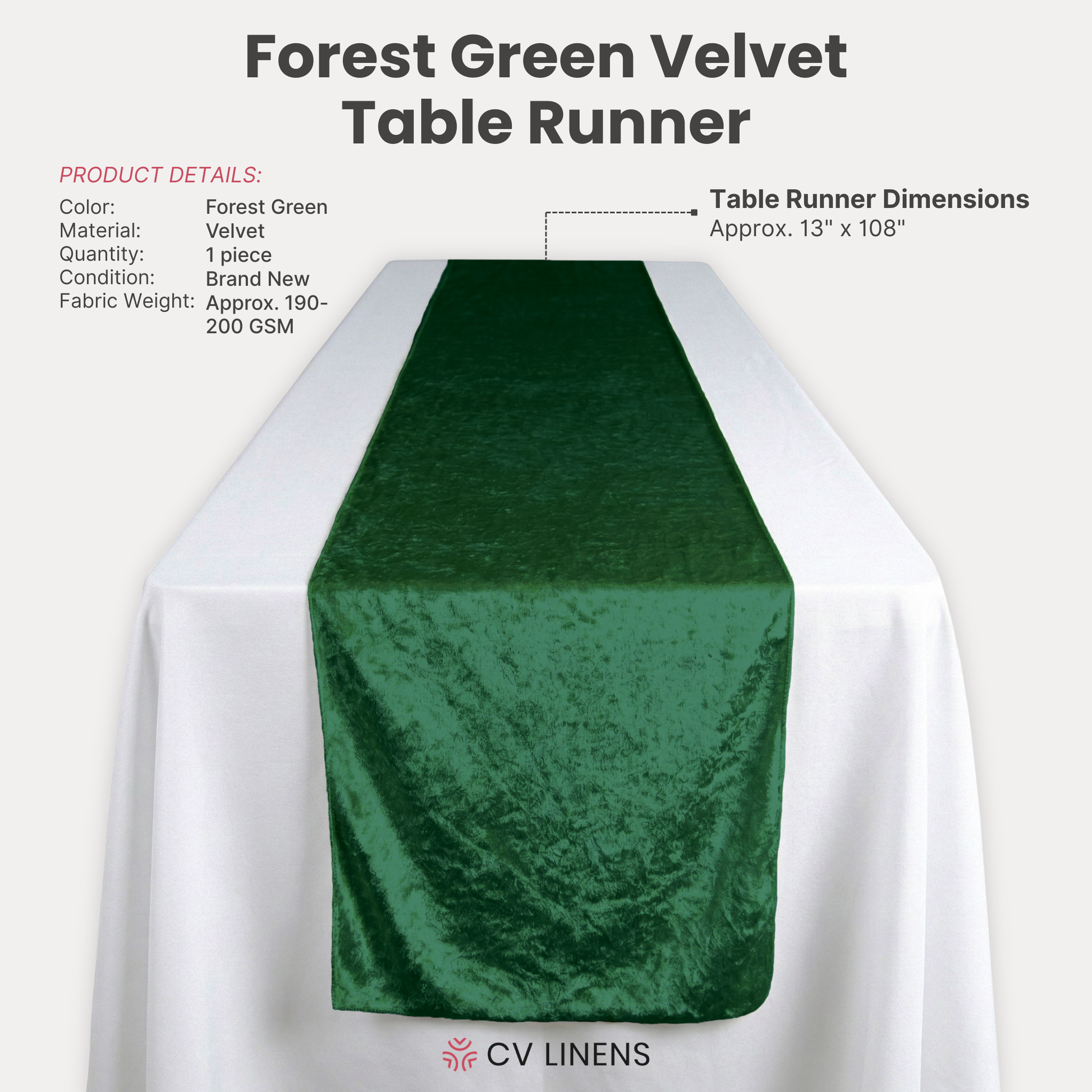 Velvet Table Runner Forest Green infographic showing product details