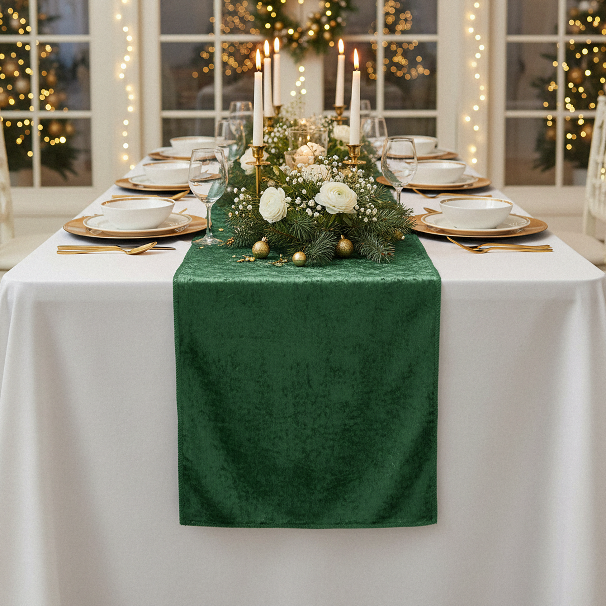 christmas dinner with the Velvet Table Runner Forest Green paired with white floral centerpieces, candles, and gold charger plates