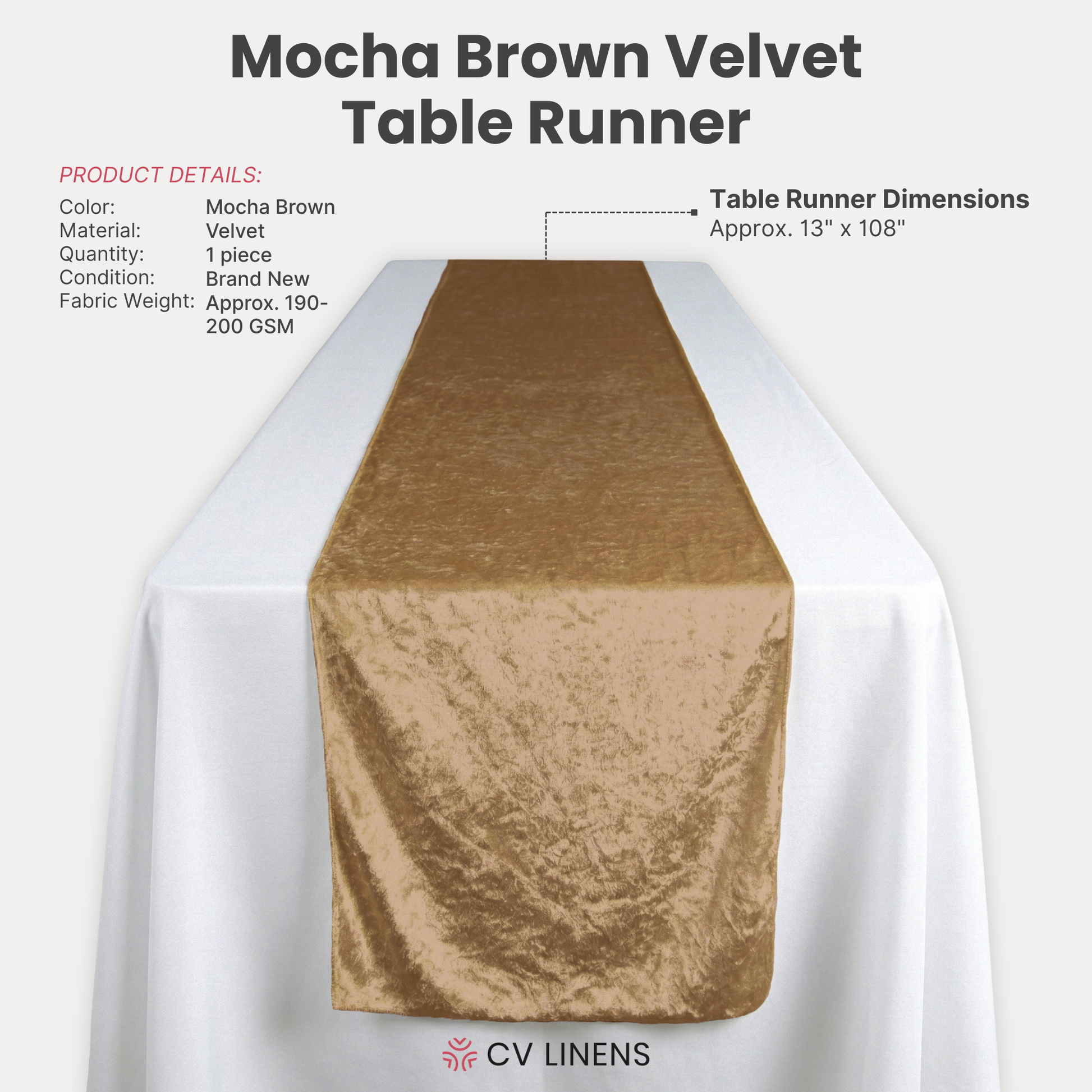 Velvet Table Runner Mocha Brown infographic showing product details