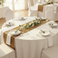 birds eye view of the Velvet Table Runner Mocha Brown on a round table with n ivory tablecloth, white dinner plates and white napkins