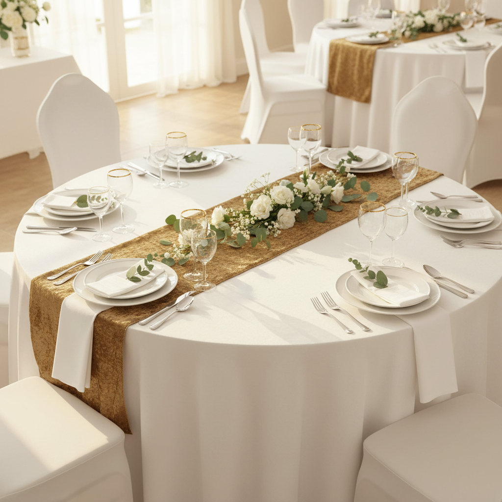 birds eye view of the Velvet Table Runner Mocha Brown on a round table with n ivory tablecloth, white dinner plates and white napkins