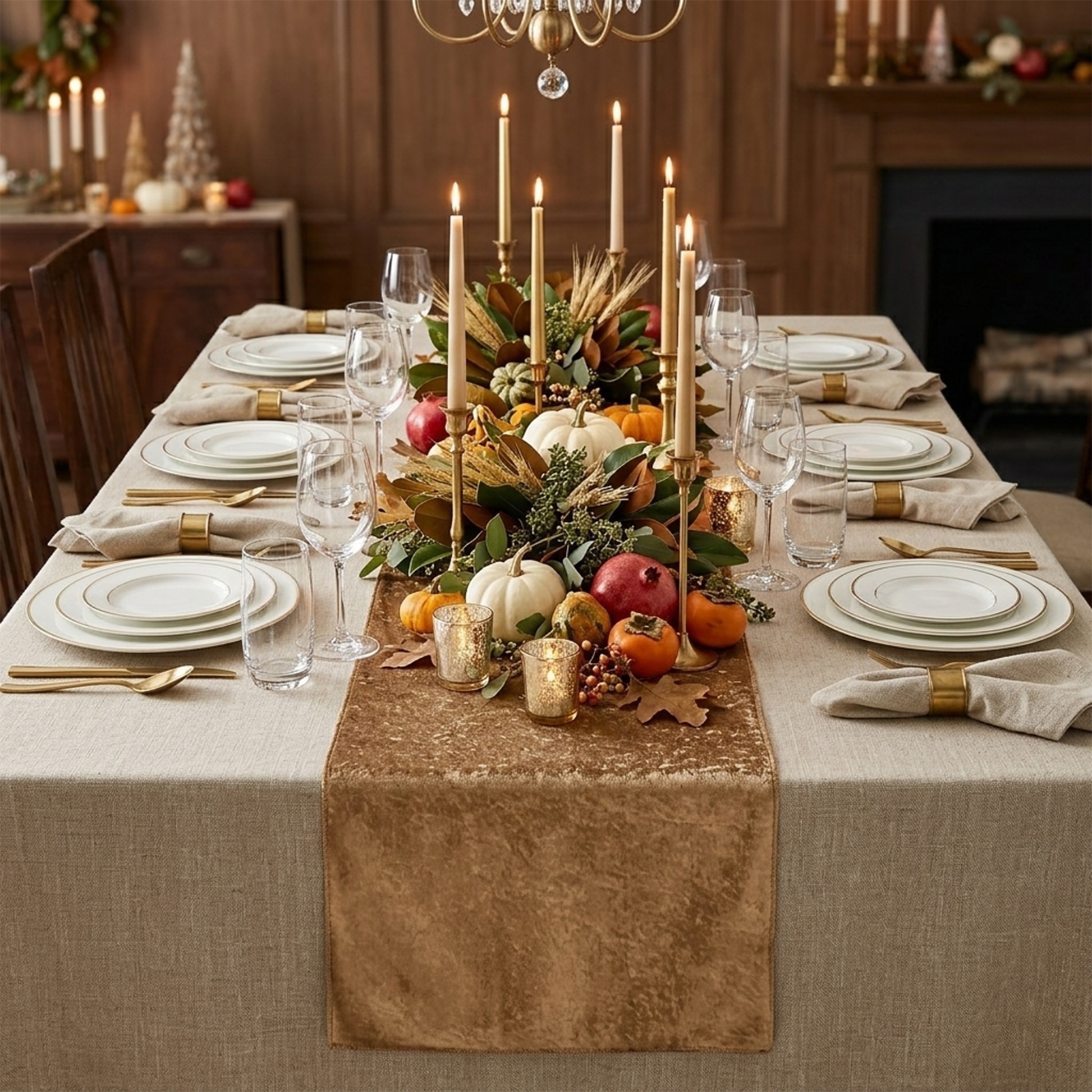 Velvet Table Runner Mocha Brown dressed with fall decor centerpieces, tapered candles, white dinner plates and water glasses