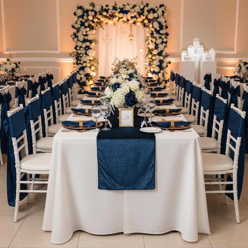 Velvet Table Runner - Navy Blue on ivory tablecloth | charger plate | napkin | wine goblets