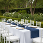 Velvet Table Runner - Navy Blue on white tablecloth | charger plate | wine goblets