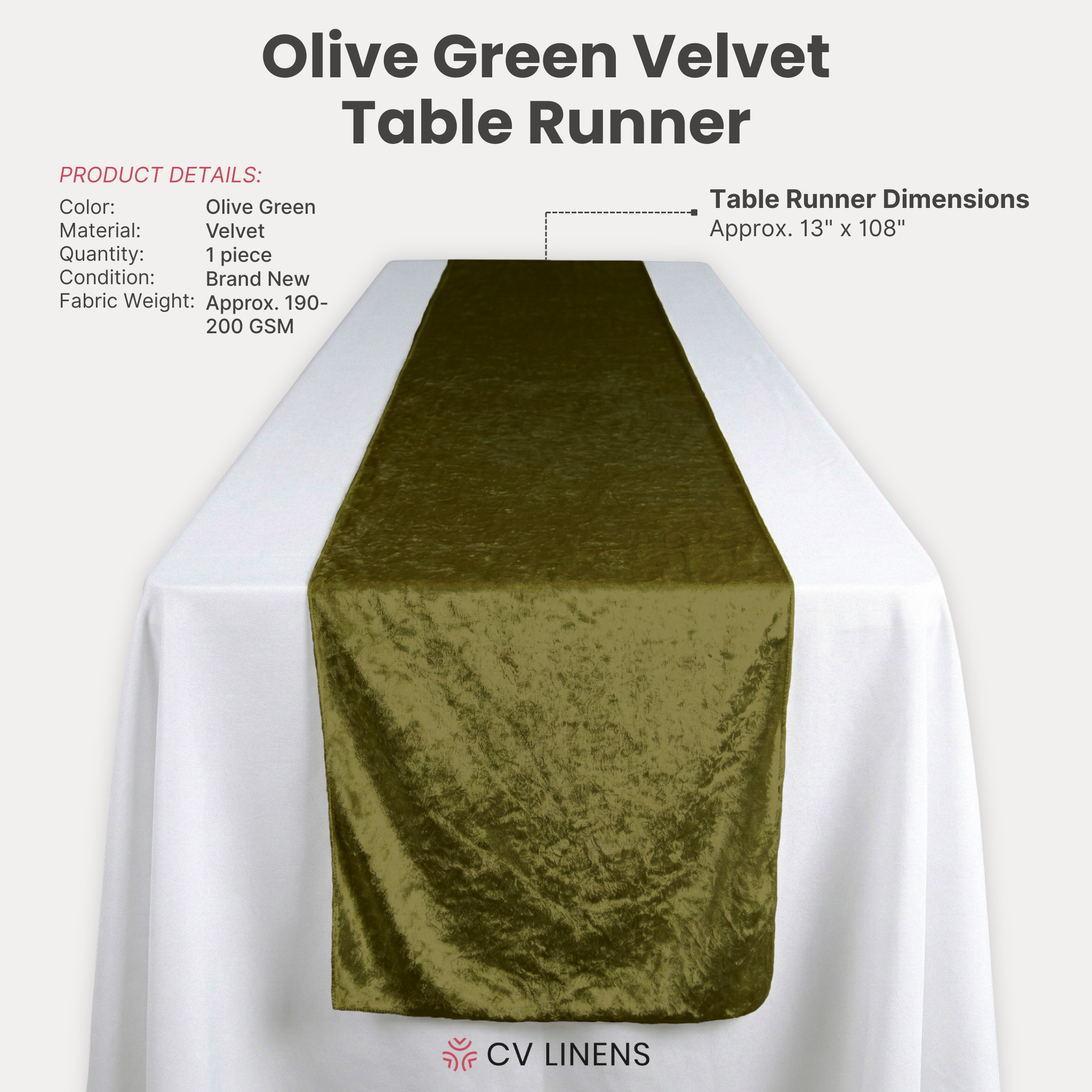 Velvet Table Runner Olive Green infographic
