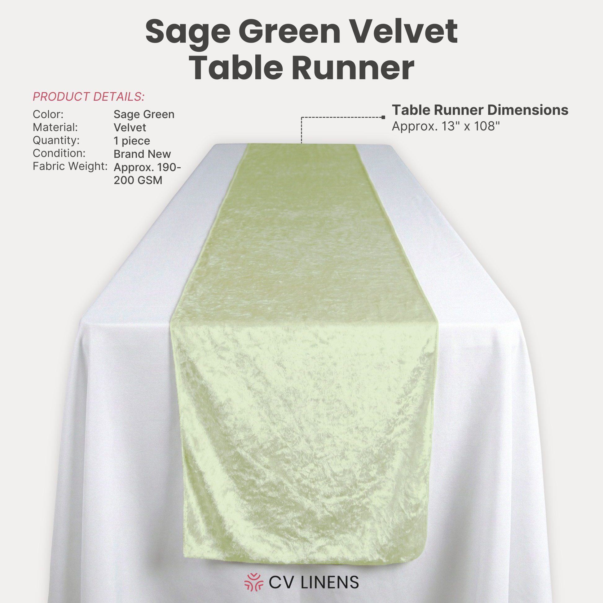 Velvet Table Runner Sage Green infographic showing dimensions