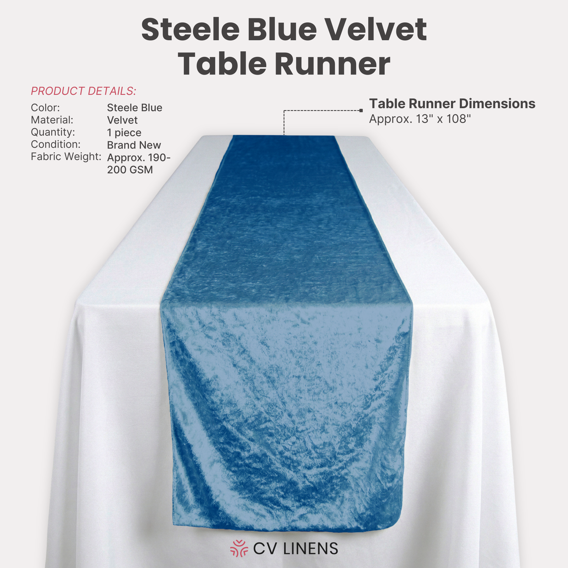 infographic for the Velvet Table Runner Steele Blue showing the product details
