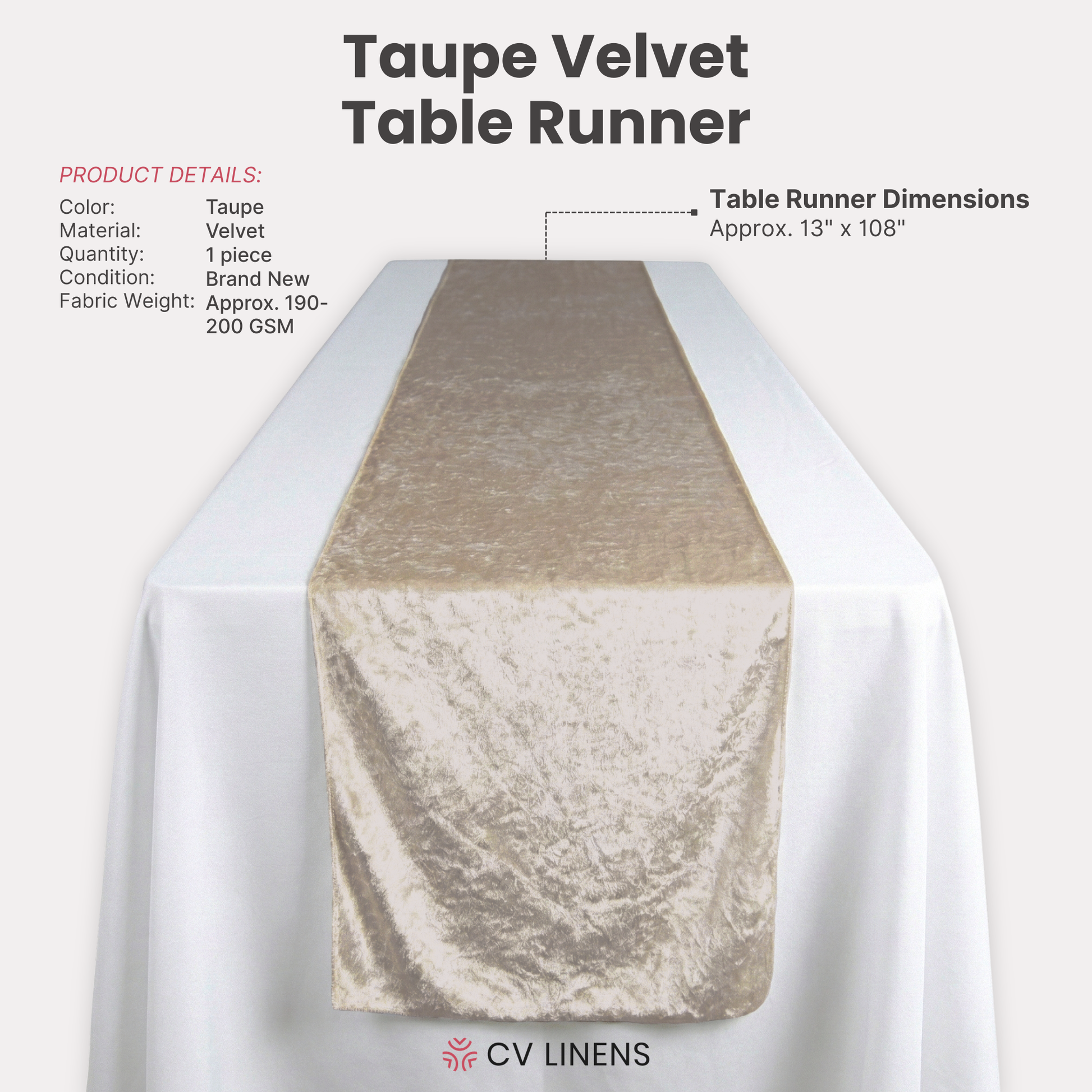 Velvet Table Runner Taupe infographic showing product details
