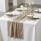 Velvet Table Runner Taupe on a rectangular table with taupe dinner plates and ivory napkins with gold napkin rings