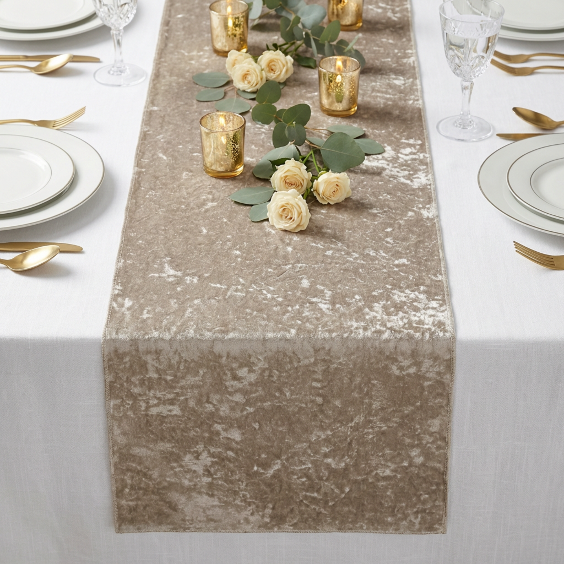 Velvet Table Runner Taupe  on a white tablecloth with votive candled and roses and greenery centerpieces