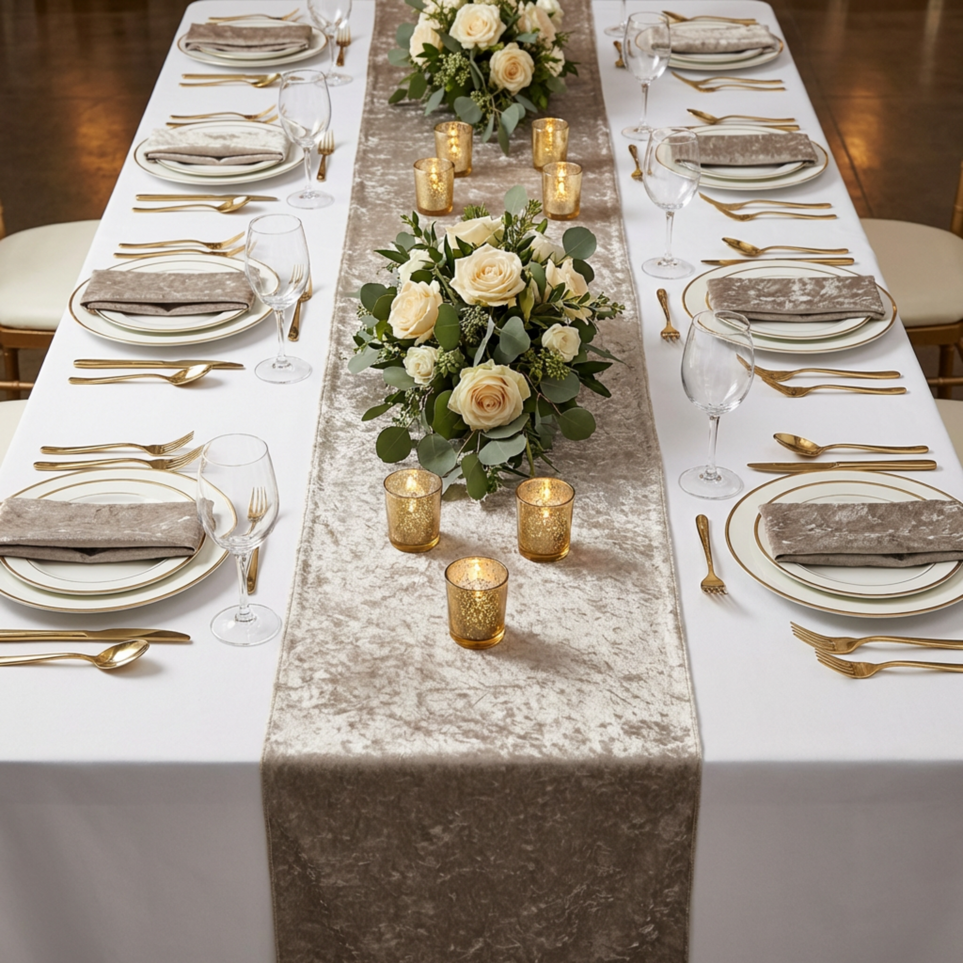 Velvet Table Runner Taupe  on a white tablecloth with votive candled and roses and greenery centerpieces