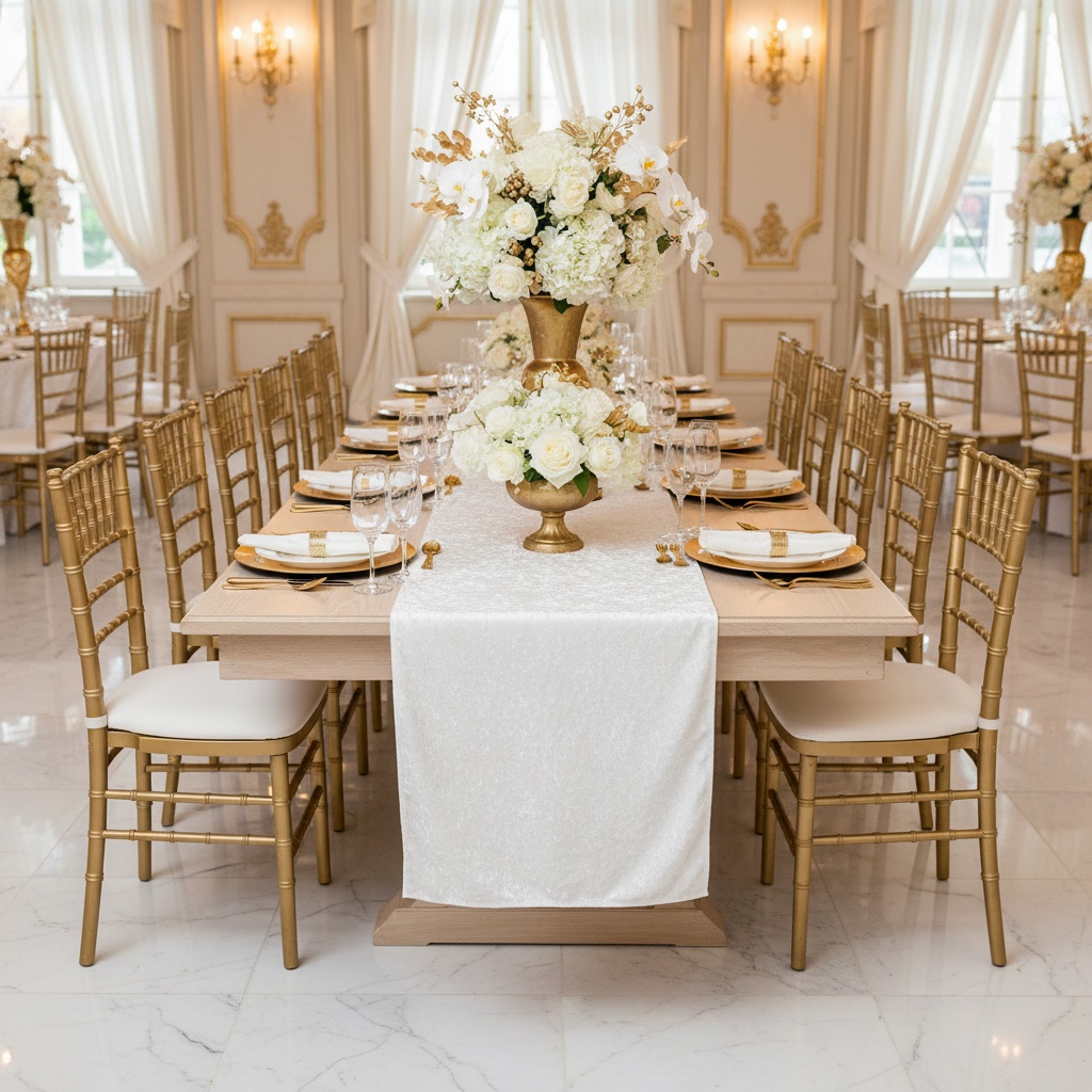 Velvet Table Runner - White | tablecloth | napkin | charger plate | wine goblets | centerpiece |