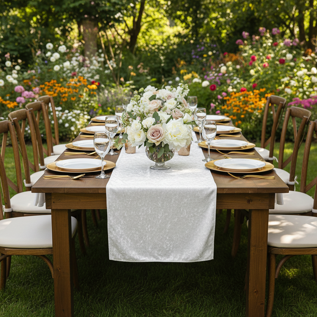 Velvet Table Runner - White | tablecloth | charger plate | wine goblets | centerpiece |